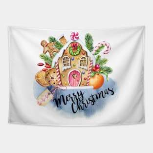 Watercolor Christmas Gingerbread house Tapestry