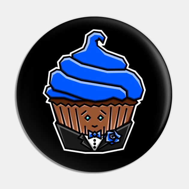 Cute 'Lil Chocolate Cupcake in a Tuxedo - Indigo Blue Icing - Dapper Cupcake Pin by Bleeding Red Paint