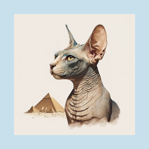 Illustration of a grey sphinx cat looking away against the pyramids on the beige background by KOTYA