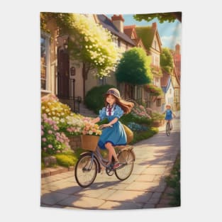 cute girl riding bicycle. Tapestry