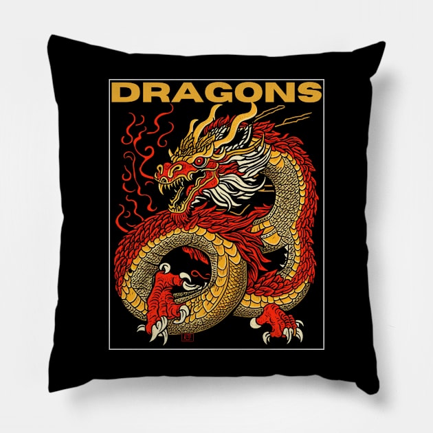 Ember Dance: The Asian Dragon's Fiery Movement Pillow by Teeeshirt