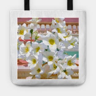 White Blossoms on a Porch Tote