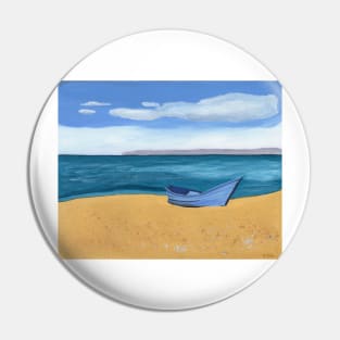 Blue Boat by the Ocean Gouache Painting Pin