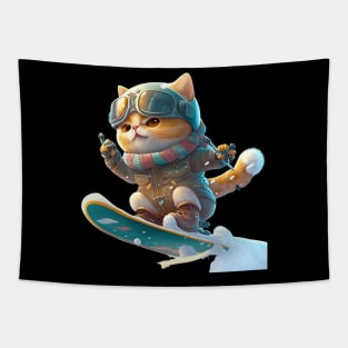 Cat on a Snowboard Tapestry