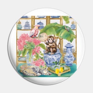 Monkey, pink cockatoo parrot and tabby cat in chinoiserie interior Pin