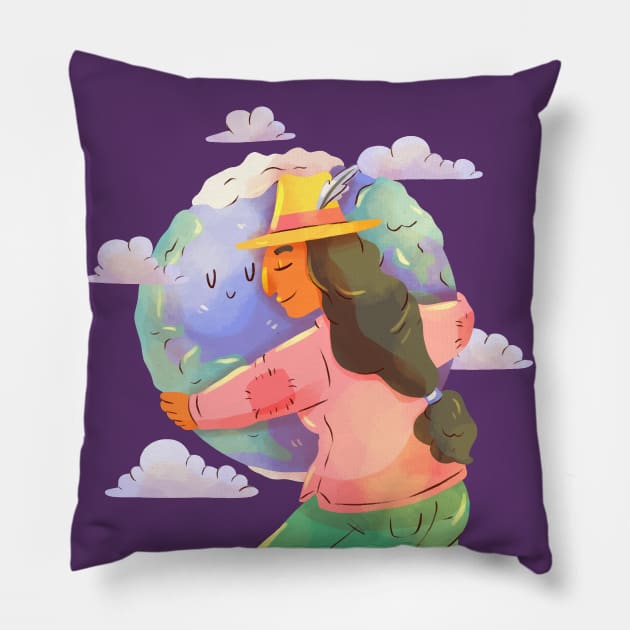 Girl Hug Earth Hand Drawn Pillow by Mako Design 