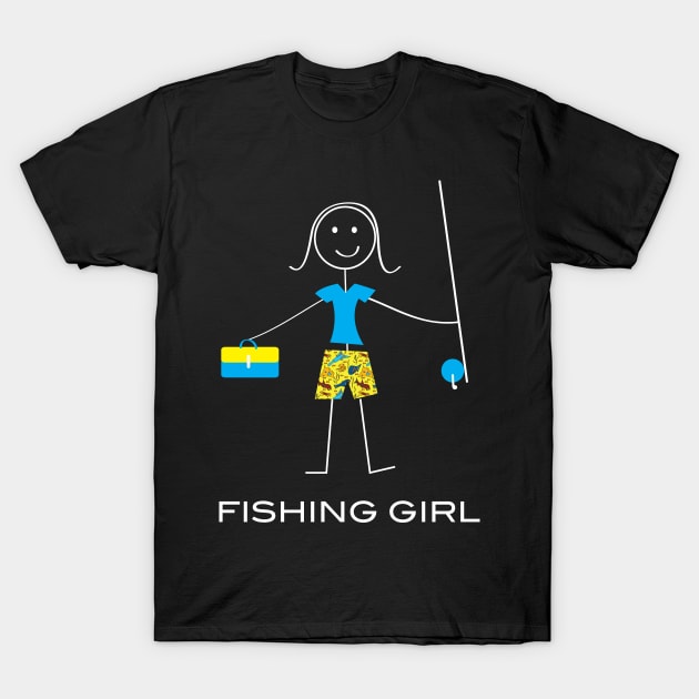 Funny Fishing Girl Illustrated Stick Girl Fisherwoman T-Shirt