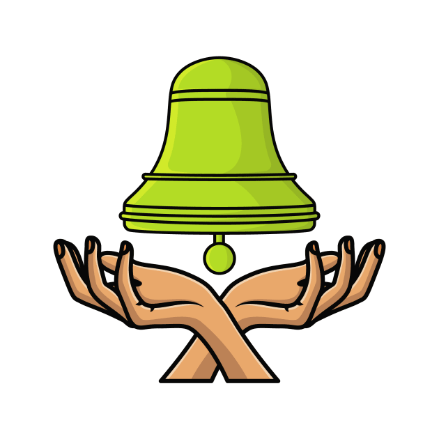 Green School Bell with People Hands Sticker design vector illustration. Alert and alarm objects icon design concept. Creative bell on hand sticker design icons logo with shadow by AlviStudio