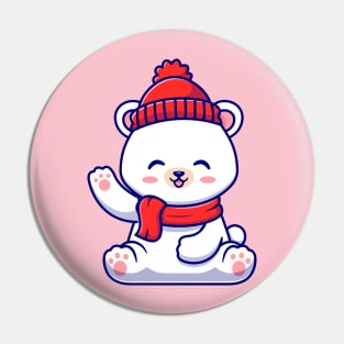 Cute Baby Polar Bear Winter Wearing Scarf Waving Hand  Cartoon Pin