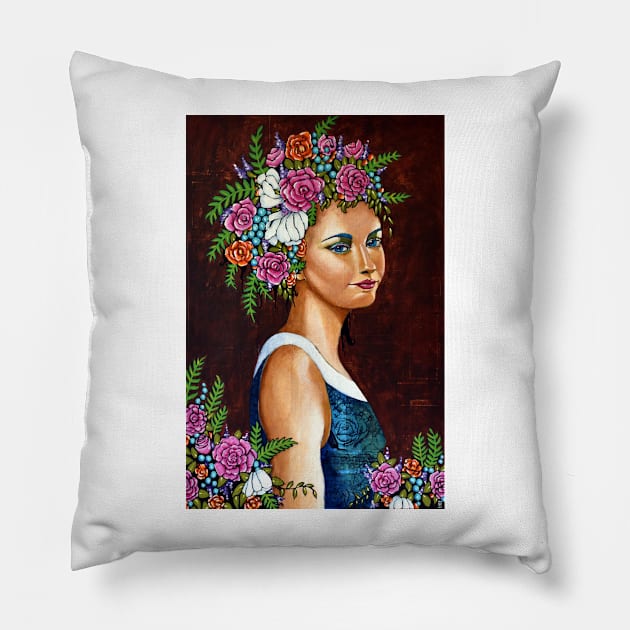 Abundance : portrait of a woman with flowers in her hair Pillow by scatterlings