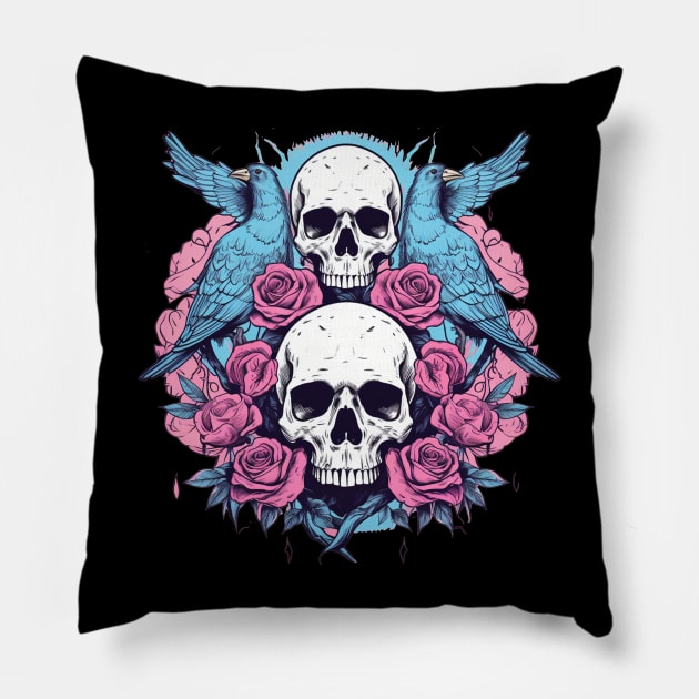 Double Skull With Flowers and Birds Pillow by TOKEBI