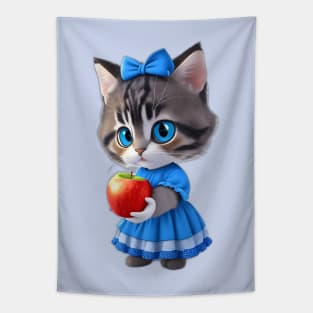 Kitten in dress holding an apple Tapestry