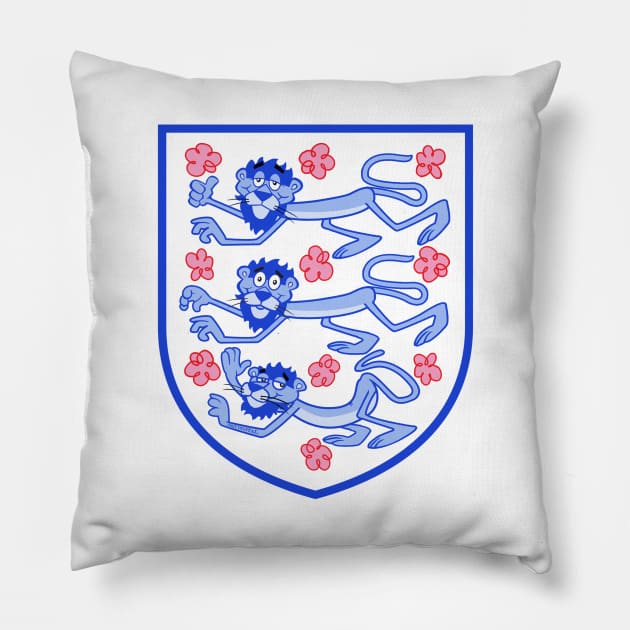 Three lions 3 lions with English pink tudor roses, plus cartoon panther on a blue shield Pillow by jimmy-digital