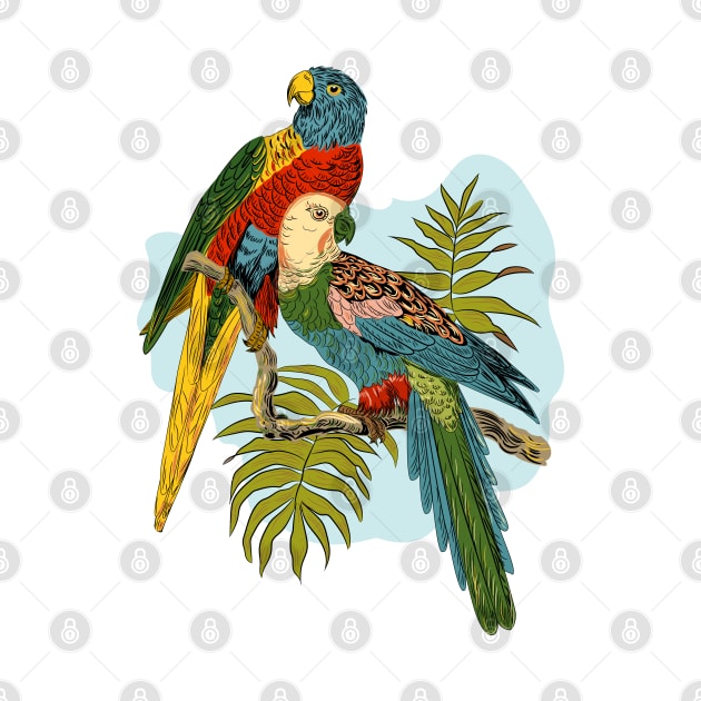 Two Colorful Parrots Tropical Plant Illustration by LizzyizzyDesign