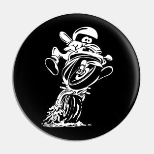 Sportbike motorcycle with a funny biker popping a wheelie cartoon illustration Pin