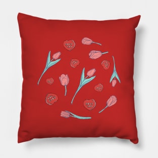 Hearts and tulips on blue Pillow