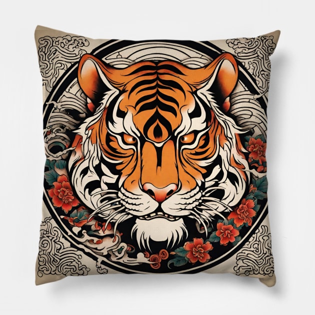 Old School Vintage Japanese Tattoo Art Tiger Pillow by Tina