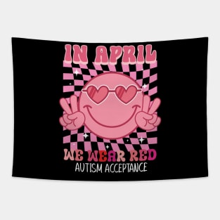 In April We Wear red Groovy autism acceptance Tapestry