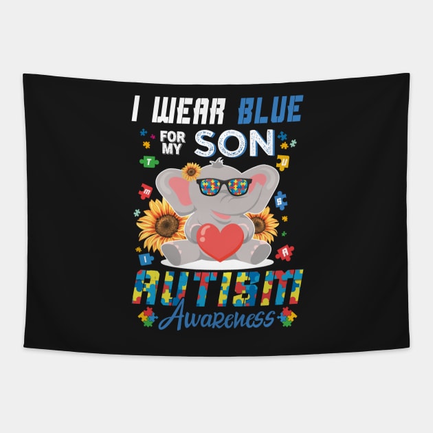 Elephant I Wear Blue For My Son Autism Awareness Month Mom Dad Tapestry by GShow