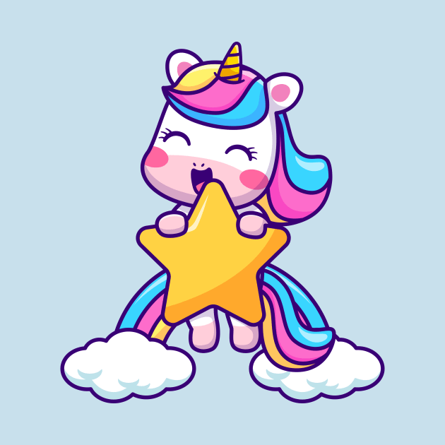 Cute Unicorn Flying With Star And Rainbow Cloud Cartoon by Catalyst Labs