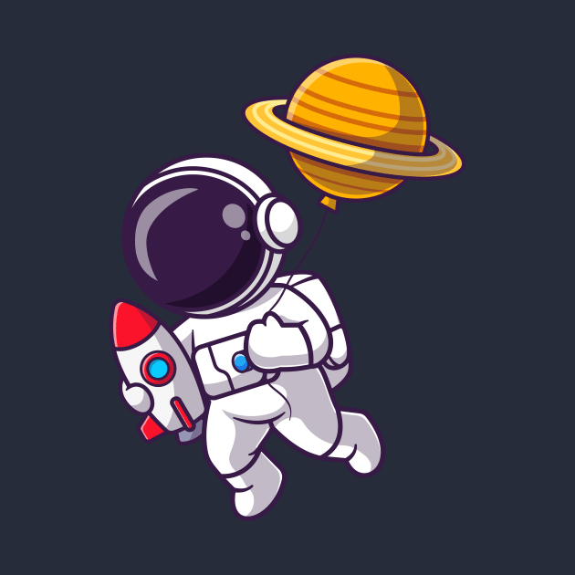 Cute Astronaut Holding Rocket With Planet Balloon Cartoon by Catalyst Labs