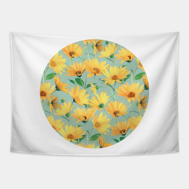 Painted Golden Yellow Daisies on soft sage green Tapestry by micklyn