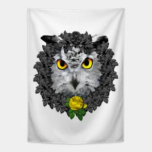 Owl Yellow Rose Wreath Tapestry