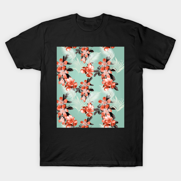 Palm Leaves And Flowers, Red Green - Palm Leaves And Flowers Red Green - T-Shirt