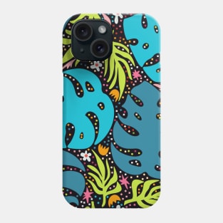 Jungle leaves and flowers abstract repeat pattern on black Phone Case