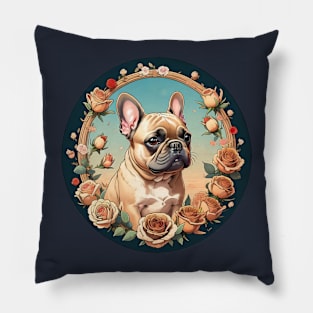 Fawn Frenchie Rose Wreath Pillow