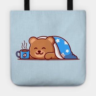 Cute Bear Wearing Blanket With Hot Coffee Cup Cartoon Tote