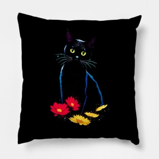 Black Cat with Red and Yellow Daisy Cat Lover Cat Owner Pillow