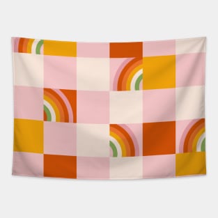 70s retro pattern with groovy trippy grid. Checkered background with rainbow. Tapestry