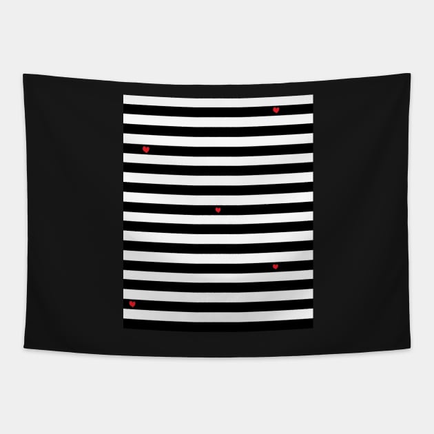 Striped black and white pattern - with a few red hearts Tapestry by marina63
