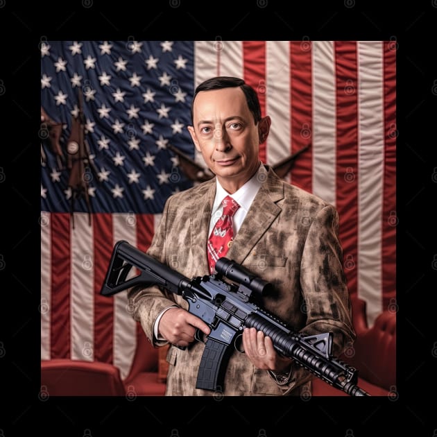 Pee Wee Herman with machine gun, USA flag behind by Maverick Media