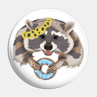 Raccoon sweet tooth with donut in a wreath of sunflowers. Pin