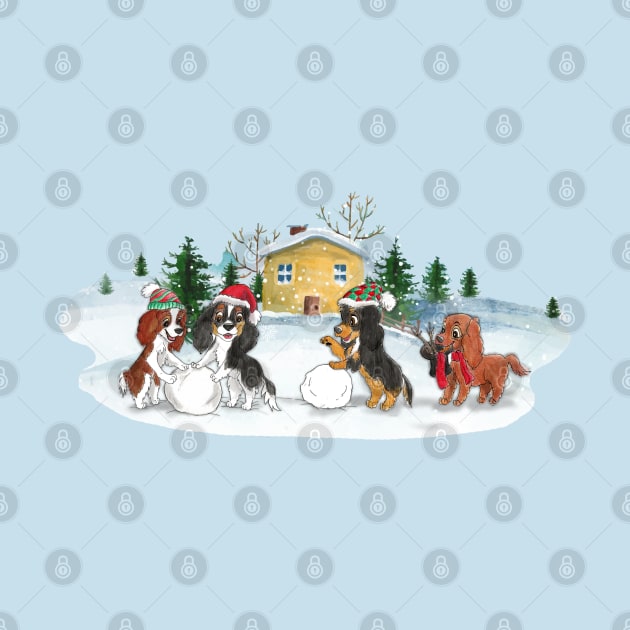 Cavalier King Charles Spaniels in the Snow Building a Snowman by Cavalier Gifts