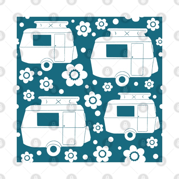 Daisy Polka Dot Vintage Caravan Pattern in Teal and White by NattyDesigns