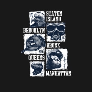 Five Boroughs new York City With Eagle, Skull, Gorilla, Dinosaur, Baseball cap. T-Shirt