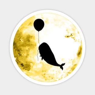 Whale flies with a balloon, black silhouette on the yellow moon Magnet