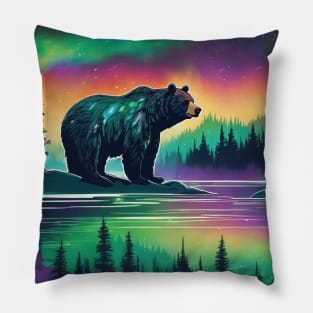 Brown Bear with Forest and Borealis, Colorful, Beautiful Pillow