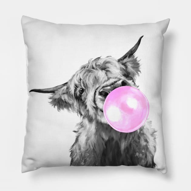 Bubblegum Black and White Highland Cow Pillow by bignosework