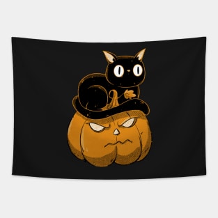 Black cat on halloween pumpkin Tapestry