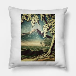 5 Lakes at Moonlight - Winter Mountain by the Ocean Ukiyoe Nature Landscape in White and Blue Pillow