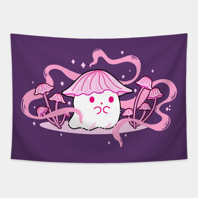 A Ghost in a pink mushroom hat Tapestry by inkcapella