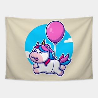 Cute Unicorn Floating With Balloon Cartoon Tapestry