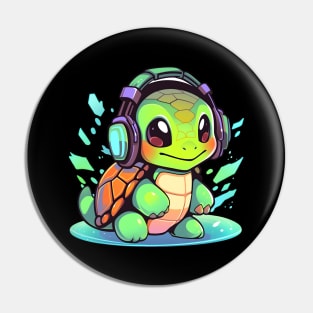 Cool Green Turtle with Headphones Pin