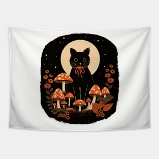 Black Cat with Mushrooms Tapestry