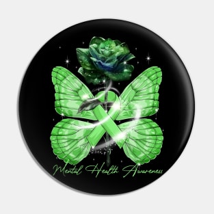 Mental Health Awareness Rose Butterfly Green Ribbon Pin