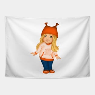 Little girl in orange hat and spring clothes. Spring print Tapestry